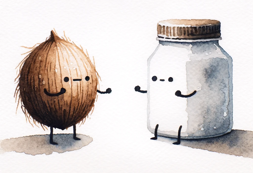 Watercolor painting of a coconut on the left and coconut and a tallow jar representing the showdown between tallow vs coconut for skin